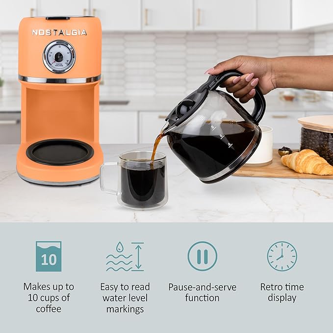 Nostalgia Classic Retro 10 Cup Coffee Maker - One-Touch Drip Brew Reusable Filter - Anti-Drip Auto Shutoff &amp Time Display - Dishwasher Safe 50 oz Carafe - Orange