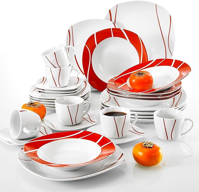 Unknown1 30-Piece Red Stripes Dinner Sets (Service for 6) White Stripe Modern Contemporary Round Ceramic 30 Piece Dishwasher Safe
