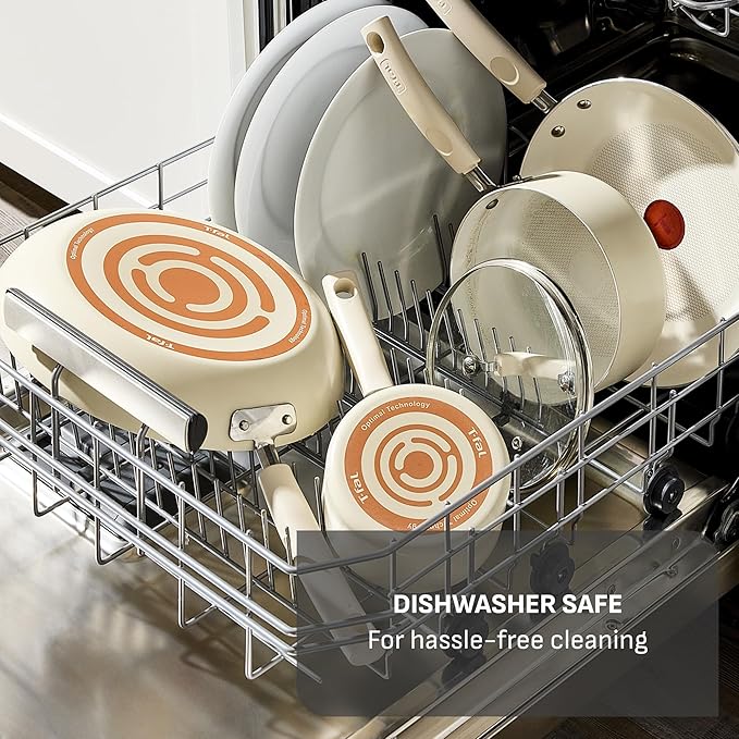 T-Fal Signature Nonstick 12 Piece Cookware Set Oven Safe Up to 350°F Dishwasher Safe Pots and Pans Set Includes Frying Pans Saucepan Stockpot Cooking Utensils Beige