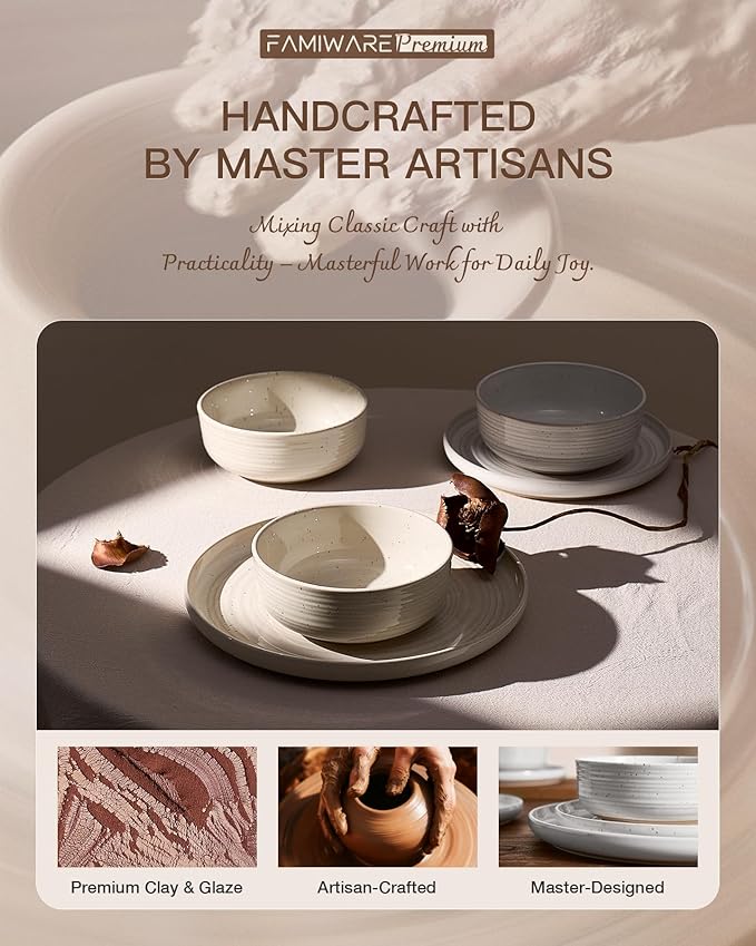Stoneware Dinnerware Set Highly Chip and Scratch Resistant Everyday Plates and Bowls for 8 (24pcs) Reactive Glaze Speckled Ceramic Flared Dishes with Gift Box Microwave Dishwasher Safe White