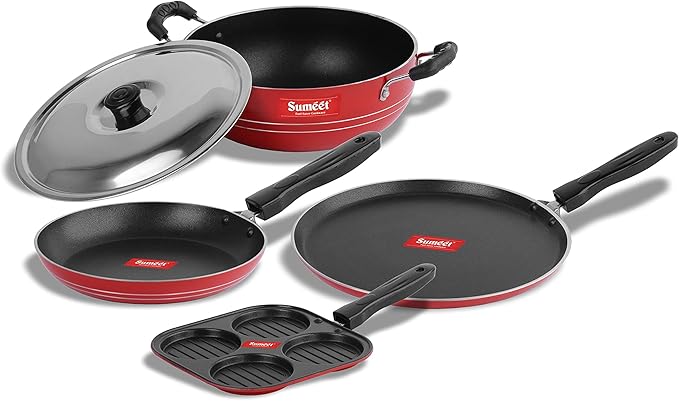 Sumeet 2.6mm Thick Non-Stick Rodze Cookware set (Dosa Tawa – 26.5cm Dia + Mini Multi Snack Maker – 19.5cm Dia + Kadhai With Lid – 1.5Ltr capacity- 20cm Dia + Tapper pan – 20cm Dia)