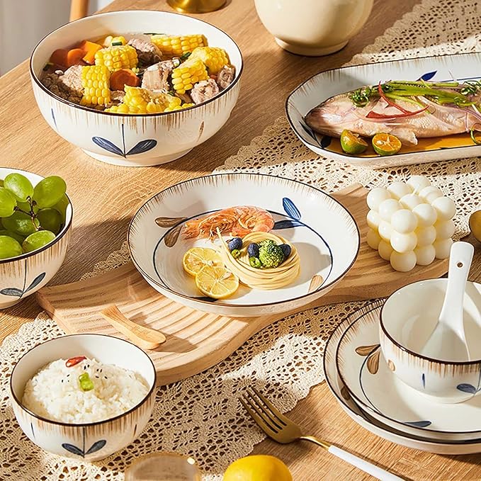 63 Pieces Dish Plates and Bowls Sets Literary Retro Style Dinner Set Thick and Anti-Scald Dish Sets Easy to Clean Dinnerware Sets Easy to Heat Microwave and Oven Safe Service for 12 People