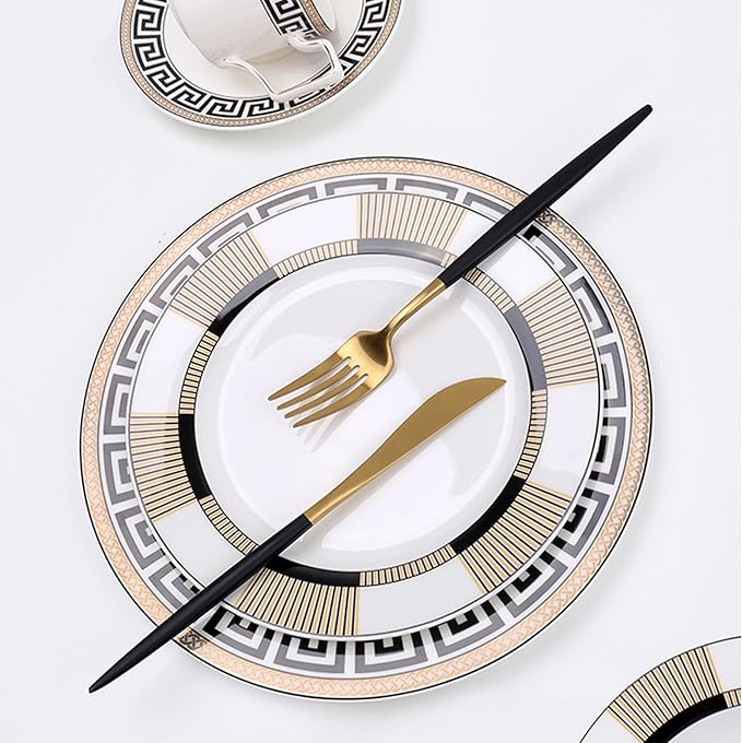 Bone China Dinnerware Set for 2 8 Pieces Premium Black Gold Striped Dinner Plate with Teacup and Saucer Luxury Plate Set for Brunch Wedding Housewarming and Special Occasions