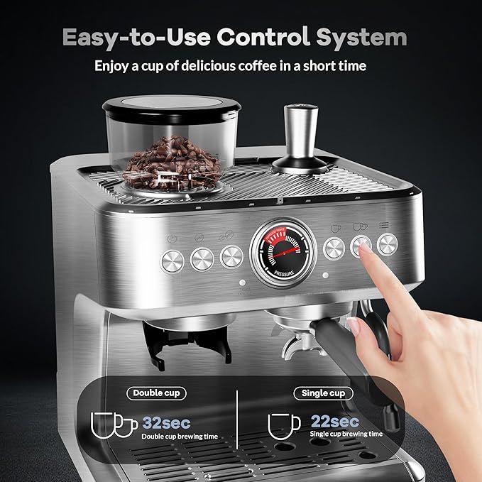 GAOMON Espresso Machine with Grinder 20 Bar Semi-Automatic Coffee Maker PID Control Milk Frother Steam Wand 95Oz Water Tank Easy Use for Espresso Latte Cappuccino Silver