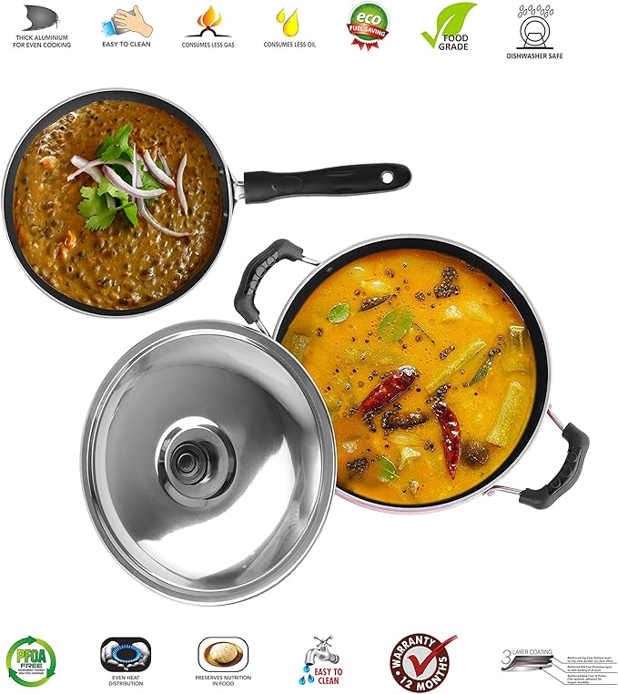 Sumeet 2.6mm Thick Non-Stick Blush Cookware set (Kadhai With Lid – 1.5Ltr capacity- 20cm Dia + Tapper pan – 20cm Dia)