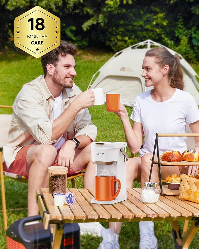 Single Serve One Cup Coffee Maker for K Cups and Grounds Mini Coffee Maker with Portable Handle 6 to 12 Oz Brew Size for Travel Camping Office RV and Dorm 120V White and Brown