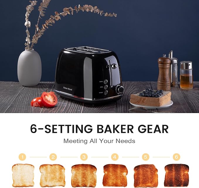 Roter Mond 2 Slice Toaster Retro Stainless Steel with Bagel Cancel and Defrost Functions 6 Bread Shade Settings Extra Wide Slots and Removable Crumb Tray Black