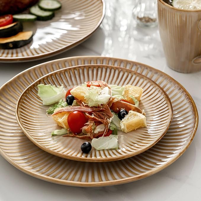 HVH Stoneware Dinnerware Sets 16 Pieces Plates and Bowls Sets Kitchen Dishes Set for 4 Dinner Dessert Plates Cereal Bowls and mugs for Party and Dinner Farmhouse Style (Sand Color)