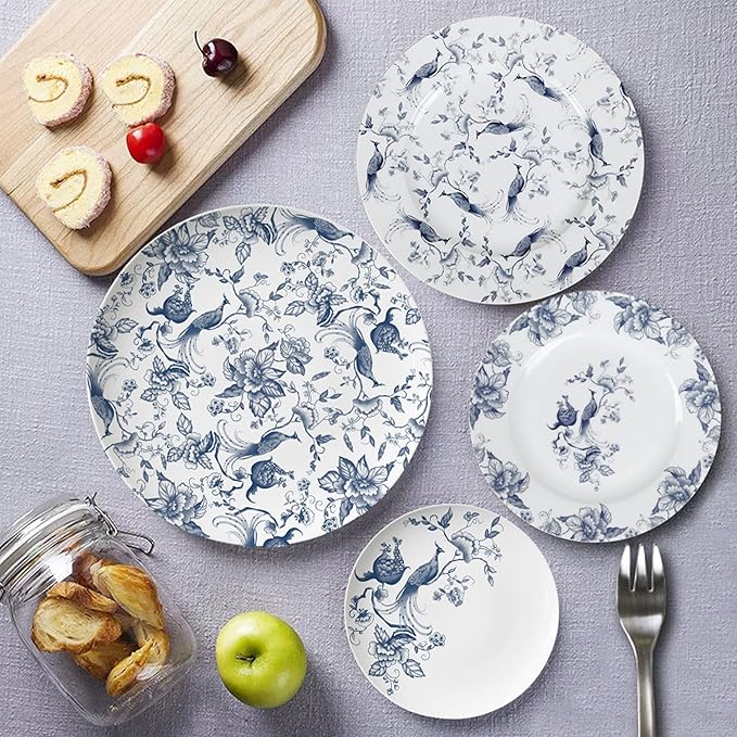ceramic plate set for 4 24 piece bone china dinnerware set blue and white floral bird porcelain dishes sets for wedding housewarming hotel