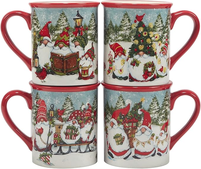 Christmas Gnomes 16 Piece Dinnerware Set Service for 4 Blue Multi Color Red Holiday Casual Round Ceramic Dishwasher Safe Microwave