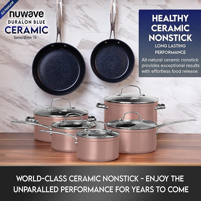 Nuwave Healthy Duralon Blue Ceramic Nonstick Cookware Set Diamond Infused Scratch-Resistant PFAS Free Dishwasher &amp Oven Safe Induction Ready &amp Evenly Heats Tempered Glass Lids &amp Stay-
