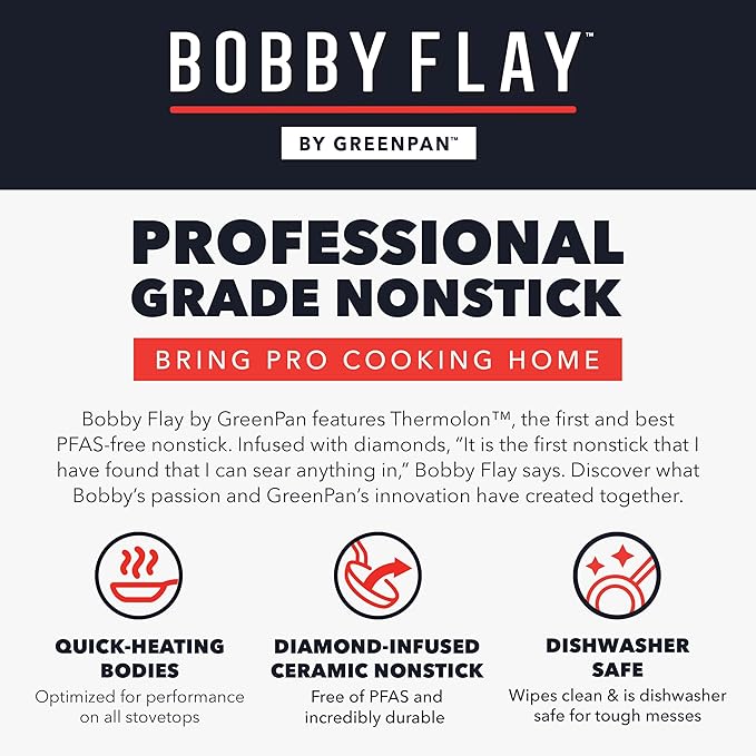 GreenPan x Bobby Flay 13 Piece Cookware Pots and Pans Set and 8 Chef's Knife. PFAS &amp PFOA-Free Ceramic Nonstick Induction Suitable Stay-Cool Silicone Handle Dishwasher &amp Oven Safe Black