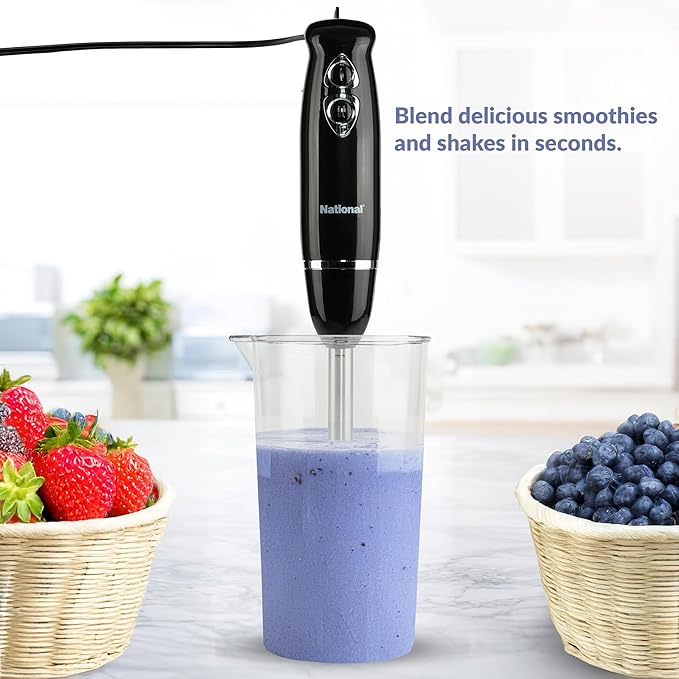 National NA-3104HB 4-in-1 Multi-Purpose Immersion Hand Blender Blend Puree Mash Chop and Whisk Two Speeds Splash Control and ETL Approved with Interchangeable Attachments (Black)