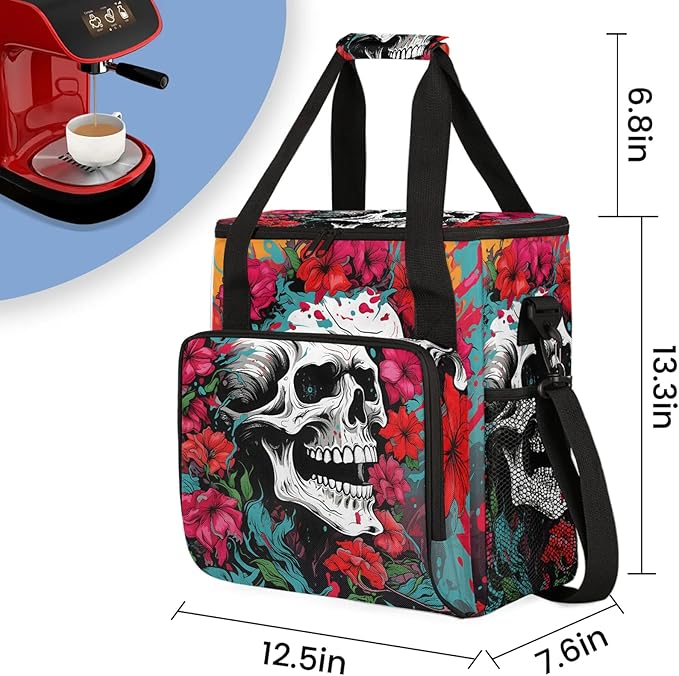 Gothic Sugar Skull Coffee Maker Carring Bag Large Insulated Storage Organizer Case Tote Bags with Shoulder Strap for Travel Work Picnic