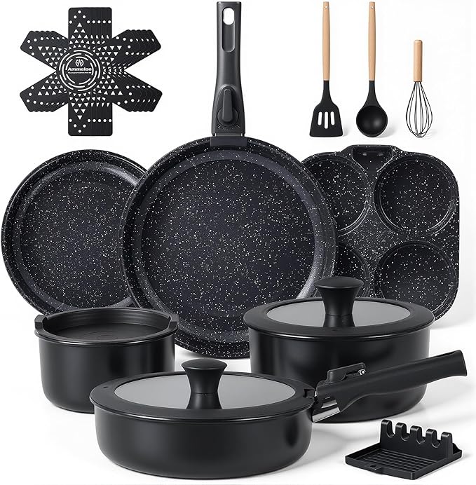 Ammeloo 21pcs Ceramic Pots and Pans Set Non Stick with Detachable Handles and Egg Frying Pan &amp 22-Piece Baking Pans Set Stackable Bakeware