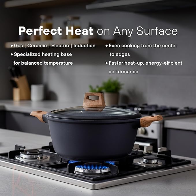 KOCHSTELLE 7-Piece Granite Cookware Set with Lids | Non-Stick Aluminum Pots and Pans Set with Wood Handles | Ceramic Pan Set + 3-Piece Silicone Utensils | Durable Cooking Set