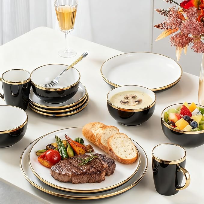Stoneware Tableware Set for 4 Ceramic Dinnerware Sets with Gold Trim Including 10.5 Dinner Plates 7.75 Dessert Plates 6 Dinner Plates and 14oz Coffee Cups Porcelain (Black Glod)