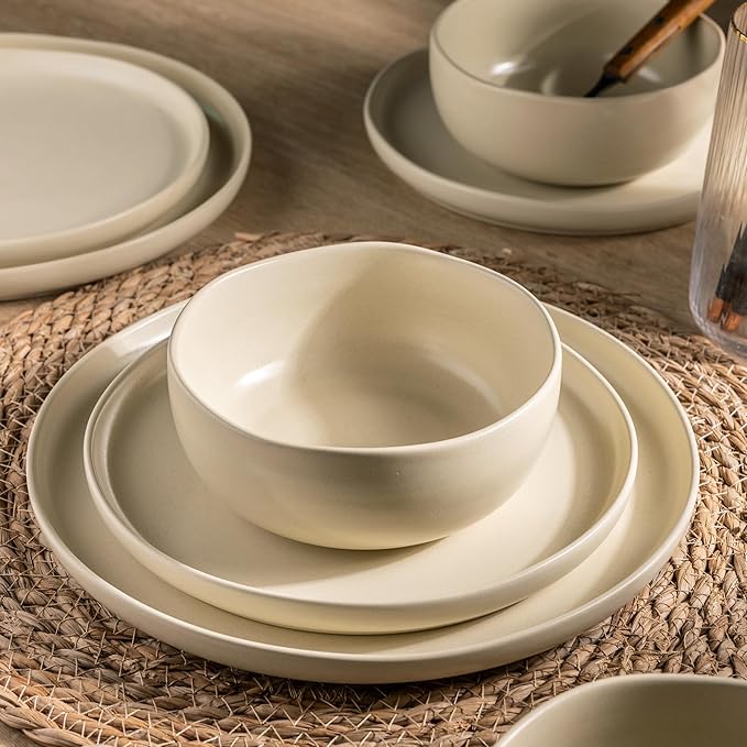 AmorArc Ceramic Dinnerware Sets Wavy Rim Stoneware Plates and Bowls SetsDishwasher &amp Microwave &amp Oven Safe Dishes set Service for 4 (12pc)