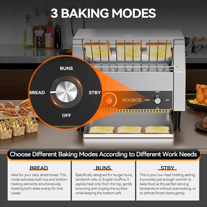 BOOROS Commercial Conveyor Toaster 450 Slices/Hour 2640W Heavy Duty Stainless Steel Commercial Toaster Seven Speed Rotating Toasters Machine for Bagels Buns Bread in RestaurantsBakeriesCafes110V
