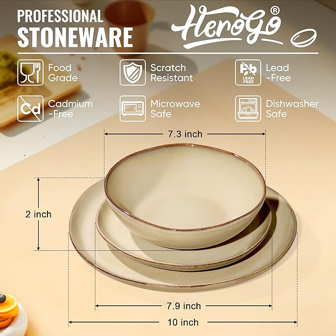 Herogo 12pcs Stoneware Dinnerware Sets for 4 Irregular Handmade Dinner Plates and Bowls Kitchen Dining Dish Dishware Set Microwave &amp Dishwasher Safe Cream Khaki