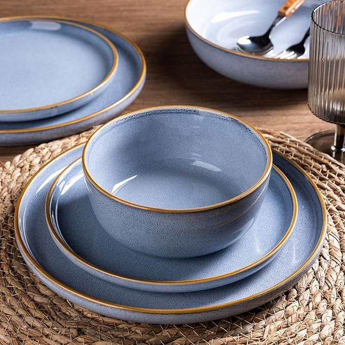 GBHOME Ceramic Dinnerware Sets for 4 12 Pieces Stoneware Plates and Bowls Sets Scratch Resistant Dishe Set for Dinner Dishwasher &amp Microwave Safe Brunnera Blue