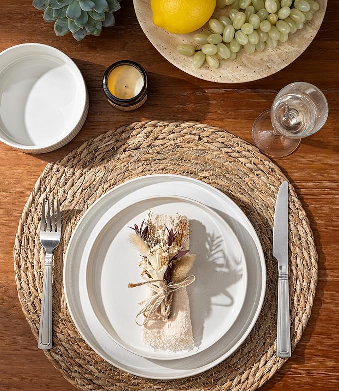 GBHOME Stoneware Dinnerware Sets for 4 12 Pieces Ceramic Ribbed Plates and Bowls Set Reactive Glaze Stackable Plate Sets Scratch Resistant Dishes Microwave &amp Dishwasher Safe Antique Cream