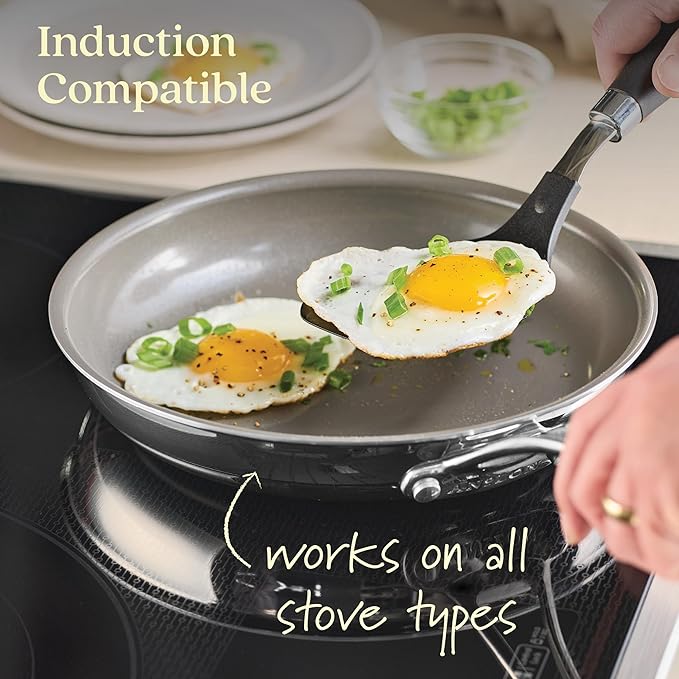 Anolon EverLast Ceramic Nonstick Frying Pans/Skillets Clad Induction 3 Piece Set 8.5 Inch 10 Inch and 12.25 Inch Open Fry Pans - Stainless Steel