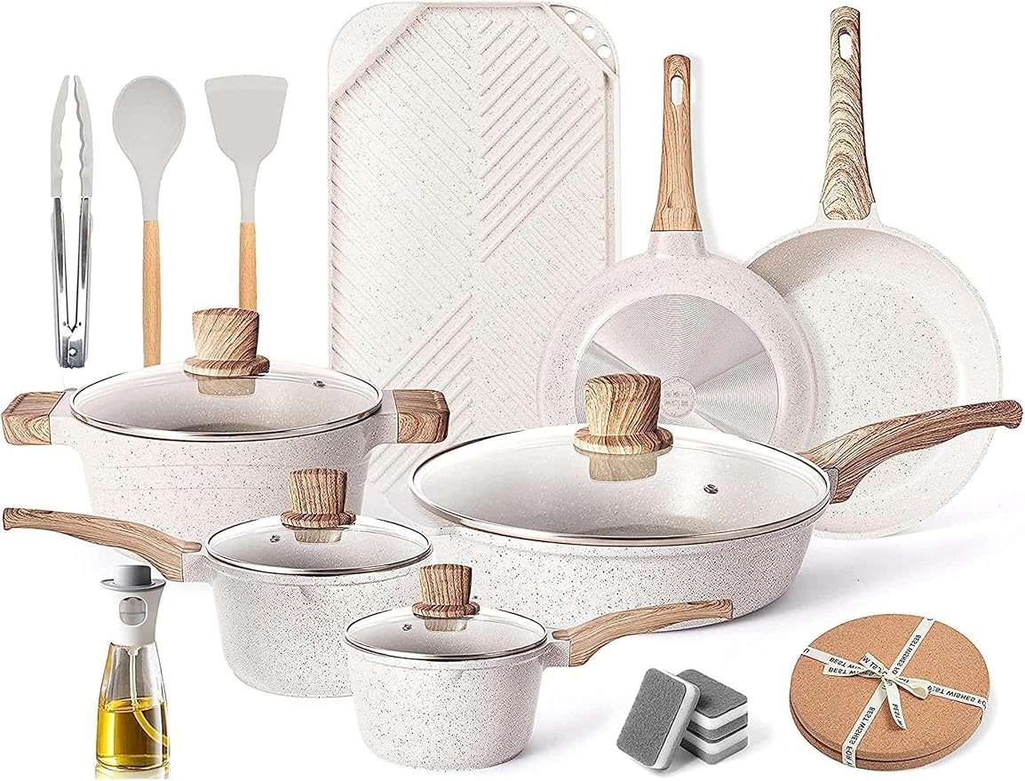 20 Pcs Pots and Pans Set Kitchen Nonstick Cookware Sets Granite Frying Pans for Cooking Marble Stone Kitchen Essentials Dishwasher SafeCompatible with All Stovetops (Granite-White)