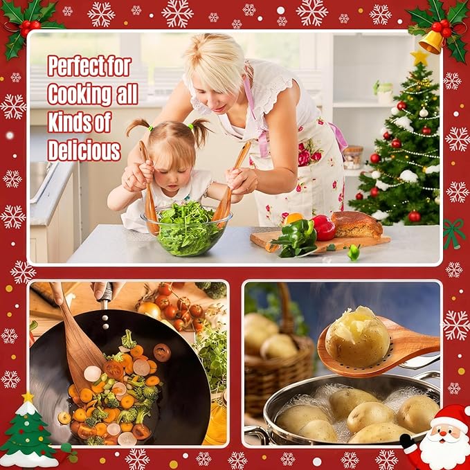Wooden Spoons for Cooking Wooden Utensils for Cooking Natural Teak Wooden Kitchen Utensils Set Comfort Grip(9 PCS Xmas Gift)