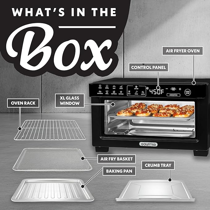 Gourmia Toaster Oven Digital Air Fryer - Convection Mode with 4 Slice Capacity 3 Rack Positions 12 Presets Toast Bagel Bake Roast Broil Dehydrate Popcorn Fits 9 Pizza Black