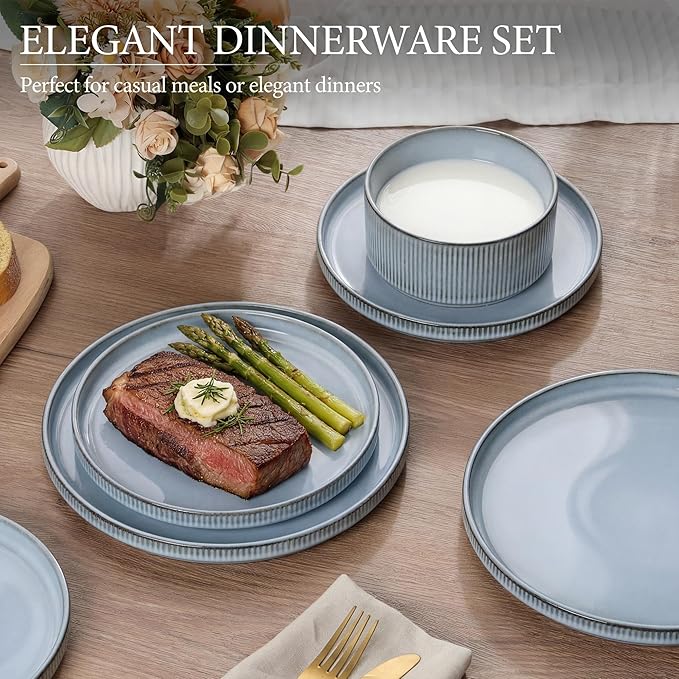 E-far Stoneware Dinnerware Sets for 2 6-Piece Plates and Bowls Sets Chip &amp Scratch Resistant Ribbed Dish Set for Home Restaurant Microwave &amp Dishwasher Safe Dusty Blue