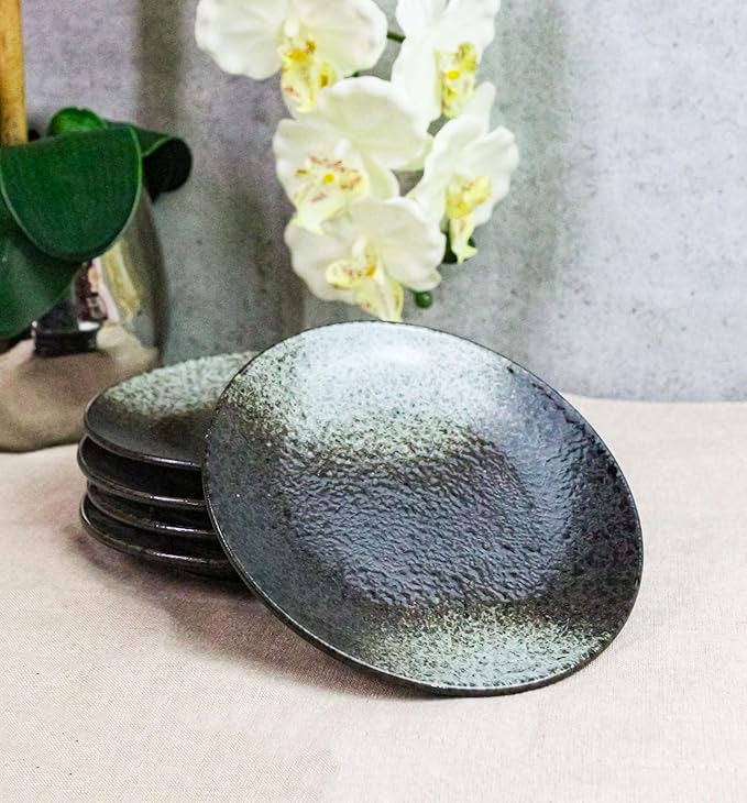Ebros Gift Artistic Charcoal Grey Tone Hakumu Porcelain Collection Dinnerware Serveware Kitchenware Set Asian Japanese Restaurant Supply (Pack Of 5 Round Appetizer Salad Plates 6 D)