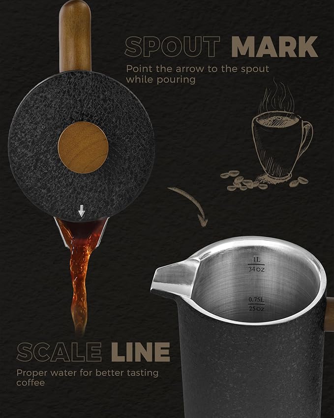 POLIVIAR French Press Coffee Maker 34 oz Coffee Press with Real Wood Handle Double Wall Insulation &amp Dual-Filter Screen Food Grade Stainless Steel for Good Coffee and Tea JX2023-FPLB
