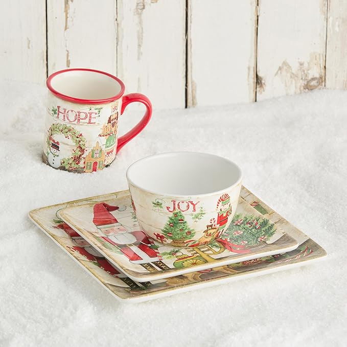 Nutcracker Parade Christmas 16 pc Dinnerware Set Service for 4 – Vintage Holiday Plates Mugs &amp Bowls – Santa Nutcracker Reindeer Art – Festive Tableware Service for 4