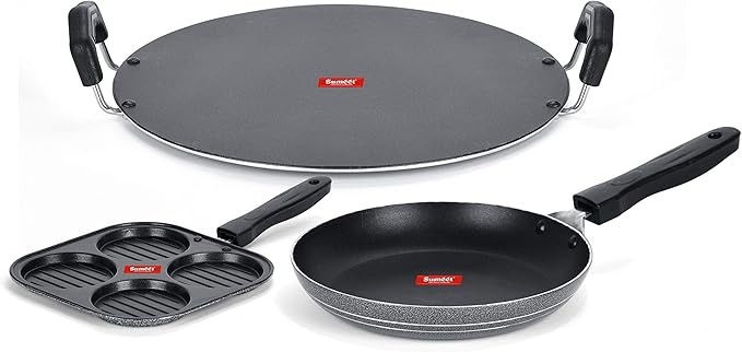 Sumeet NonStick Grizaj Cookware Set (Tawa-30.5cm Dia + Mini Multi Snack Maker - 4 Cavity -19.5cm + Tapper pan - 0.6Ltr - 20Cm Dia)