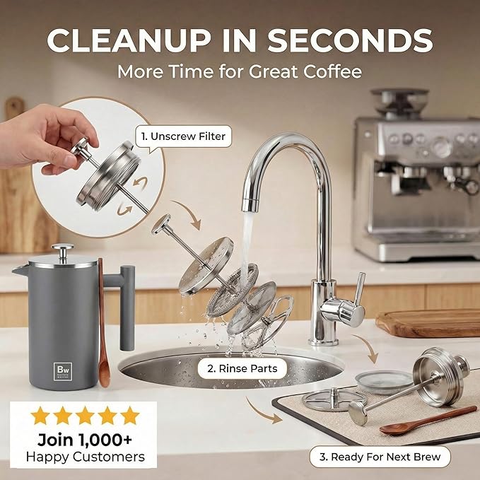 Barista Warrior French Press Coffee Maker Stainless Steel with Built-In Thermometer - Insulated Double Wall Design Dual Filter System Stay-Cool Handle &amp Wood Spoon - Grey