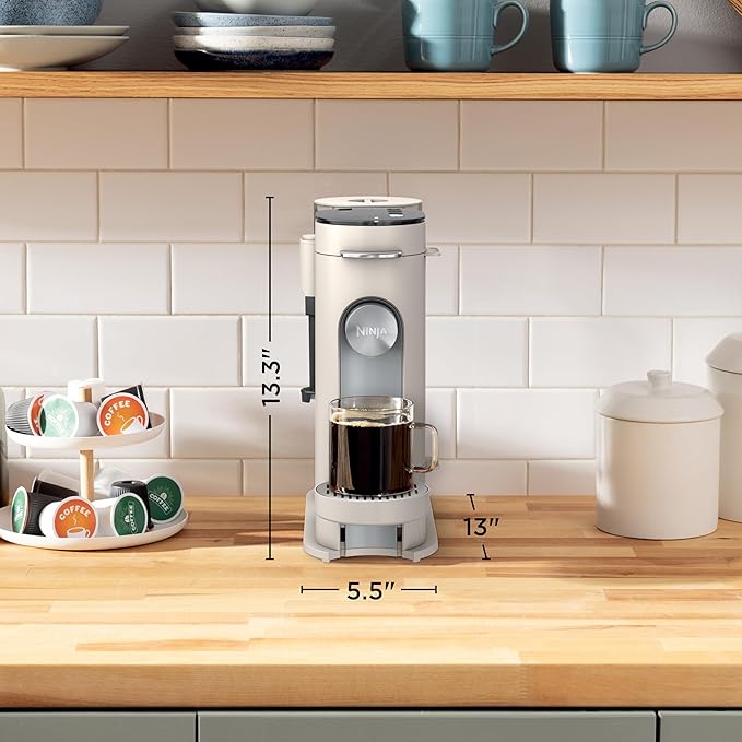 Ninja Pod &amp Grounds | Coffee Maker | XL Single-Serve | K-Cup Pod Compatible | Brews Grounds | Compact Design | Built-In Milk Frother | 68-oz. Reservoir 6-oz. Cup to 24-oz. Mug Sizes | Stone |PB05