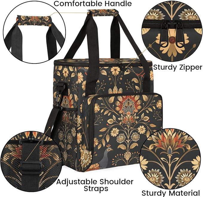 Peacock Floral Coffee Maker Travel Bag for Keurig K-Mini/K-Mini Plus Insulated Waterproof Tote with Pockets for K-Cup Portable Single-Serve Brewer Case
