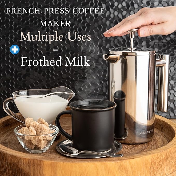 Mixpresso Stainless Steel French Press Coffee Maker 26 Oz 770 ml Double Wall Insulated French Press Stainless Steel Easy Clean Tea Brewer Easy Press Durable Metal Coffee Press
