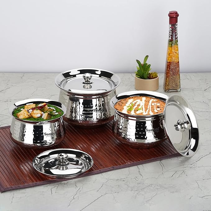 Sumeet Stainless Steel Handcrafted Hammered Texture Handi Set with Lid for Kitchen Set of 3 650ml 950ml &amp 1300ml Silver