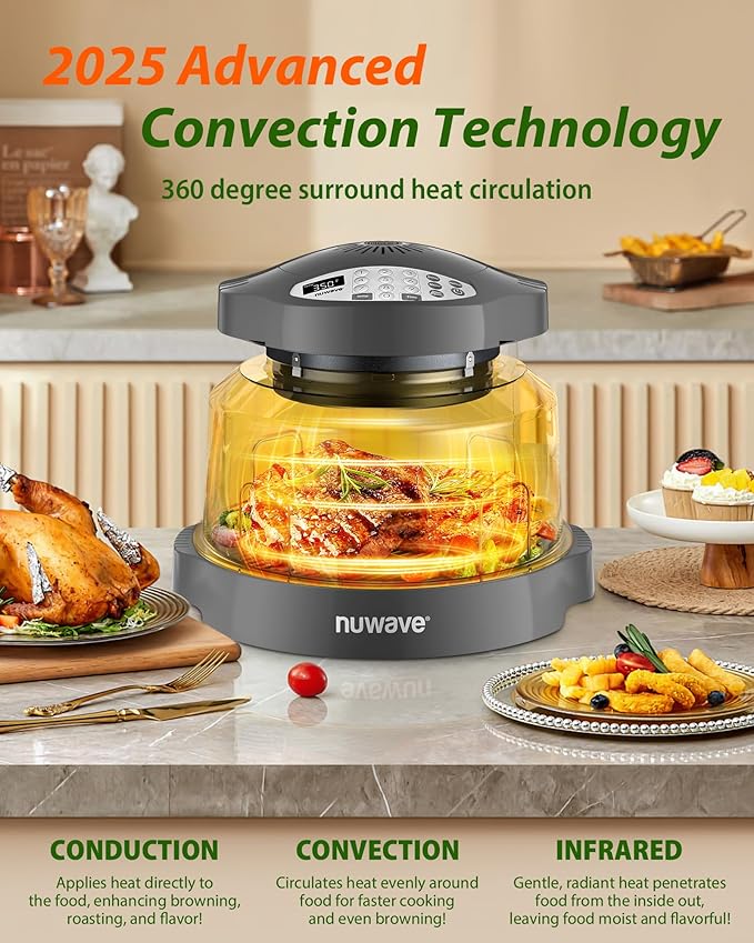 Nuwave Oven Pro Plus Air Fryer Infra-Red Countertop 2025 Advanced Convection No Defrosting or Preheating Cook Fresh or Frozen Durable Power Dome 100 Presets &amp 50 Memory PFAS Free Cool Grey