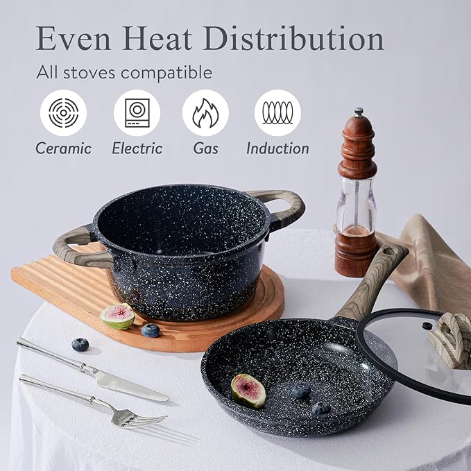 Ceramic Cookware Set 22 Piece Nonstick Pots and Pans Set Non Stick Kitchen Cooking Sets 8Frying Pans with LidBlack Granite Non-Toxic Induction Kitchen Cookware w/Glass Lids PFOS/PFOA-Free