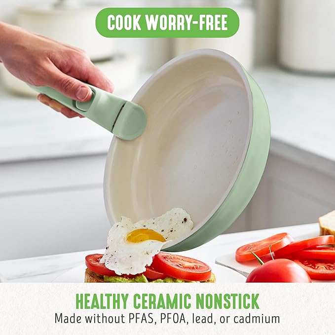 GreenLife 10 Piece Nonstick Pots &amp Pans Set Detachable Handle &amp Stackable Cookware Set Non Toxic PFAS-Free Skillets Induction Kitchen Pans Space Saving Serving Bowls Oven Safe Sage Gree