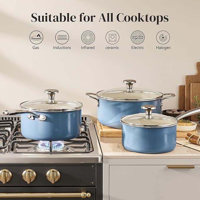 Redchef Non-stick Stock Pots Set 5QT Sauce Pan with Lids(2.5QT 3.5QT) Multifunctiona Kitchen Cookware Sets Non Toxic with Stay Cool Handle PTFE &amp PFAS &amp PFOA Free Dishwasher/Oven Safe (Bl