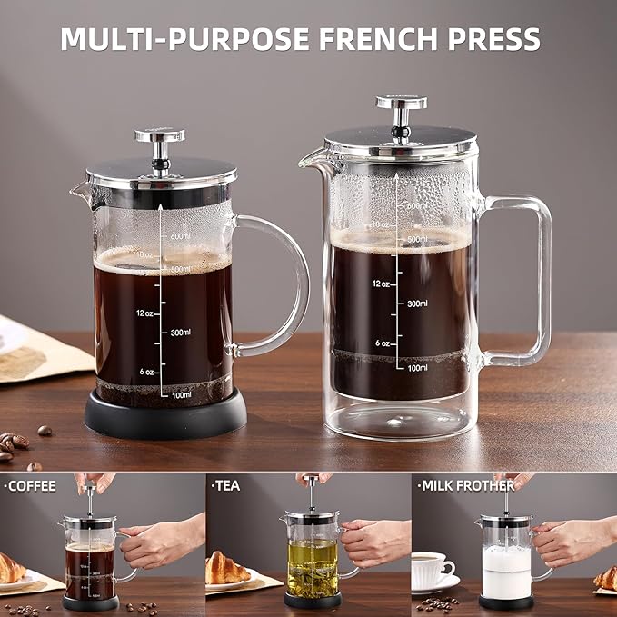 Bincoo French Press Coffee Maker 600ML - Single Layer Borolicate Glass Travel Coffee PressTea and Frothed Milk Press Easy to Use