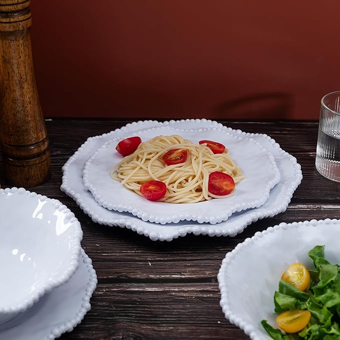 White Beaded Melamine Dinnerware Set 18 piece Dishwasher Safe Plates and Bowls for Dining Parties Camping Dish Set