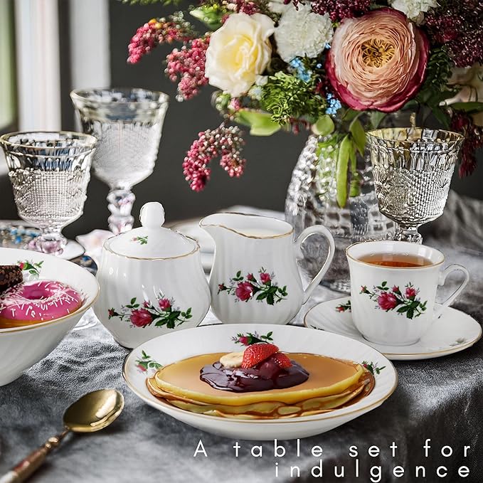Lynns Paradise 45-Piece Vintage Rose Dinnerware Set 24K Gold Trim | Embossed Swirl Floral Plates &amp Bowls | Apartment Essentials | Home Kitchen Dinner Accessories