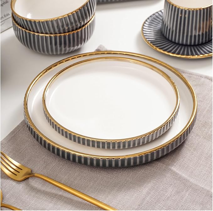 Luxury Black and White Porcelain Dinnerware Set 16 Piece Gold Rim Fluted Rim Design Service for 4 with Plates and Bowls Cups Saucers Dishwasher &amp Microwave Safe Modern (Black)
