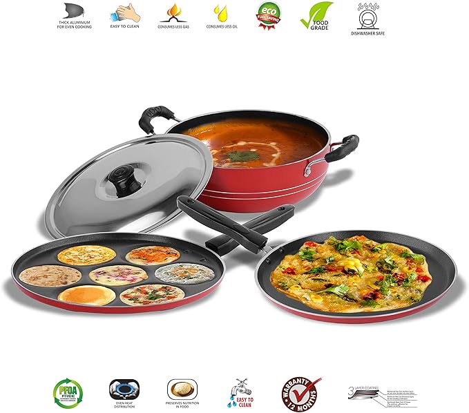 Sumeet 2.6mm Thick Non-Stick Strawberry Combo set (Dosa Tawa – 26.5cm Dia + Multi snack maker – 26.5cm Dia + Kadhai With Lid – 1.5Ltr capacity- 20cm Dia)