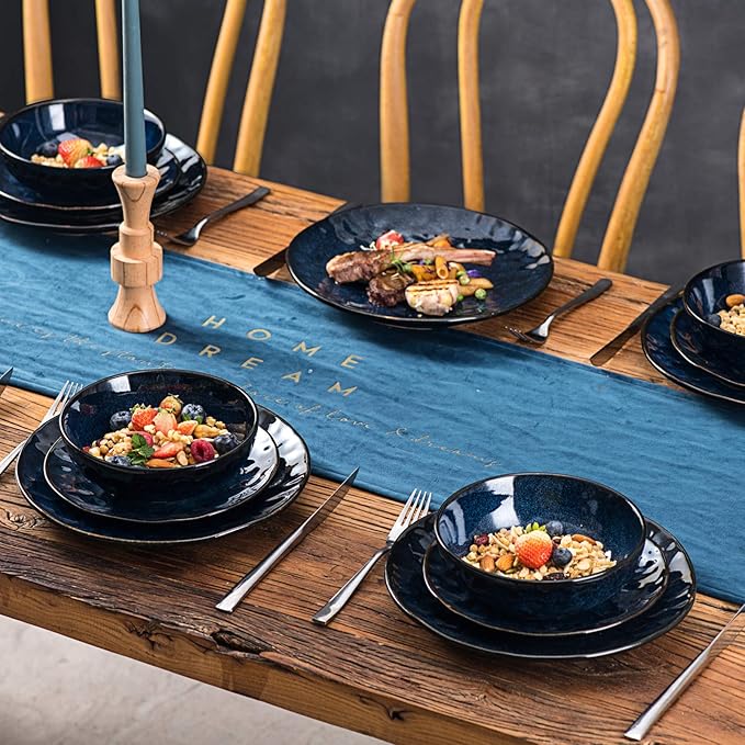 Vicrays 18-Piece Kitchen Dinnerware Set Ceramic Flat Dinner Plates Salad Plates Bowls Set Microwave Oven and Dishwasher Safe Scratch Resistant Suitable for Home Party Restaurant (Blue)